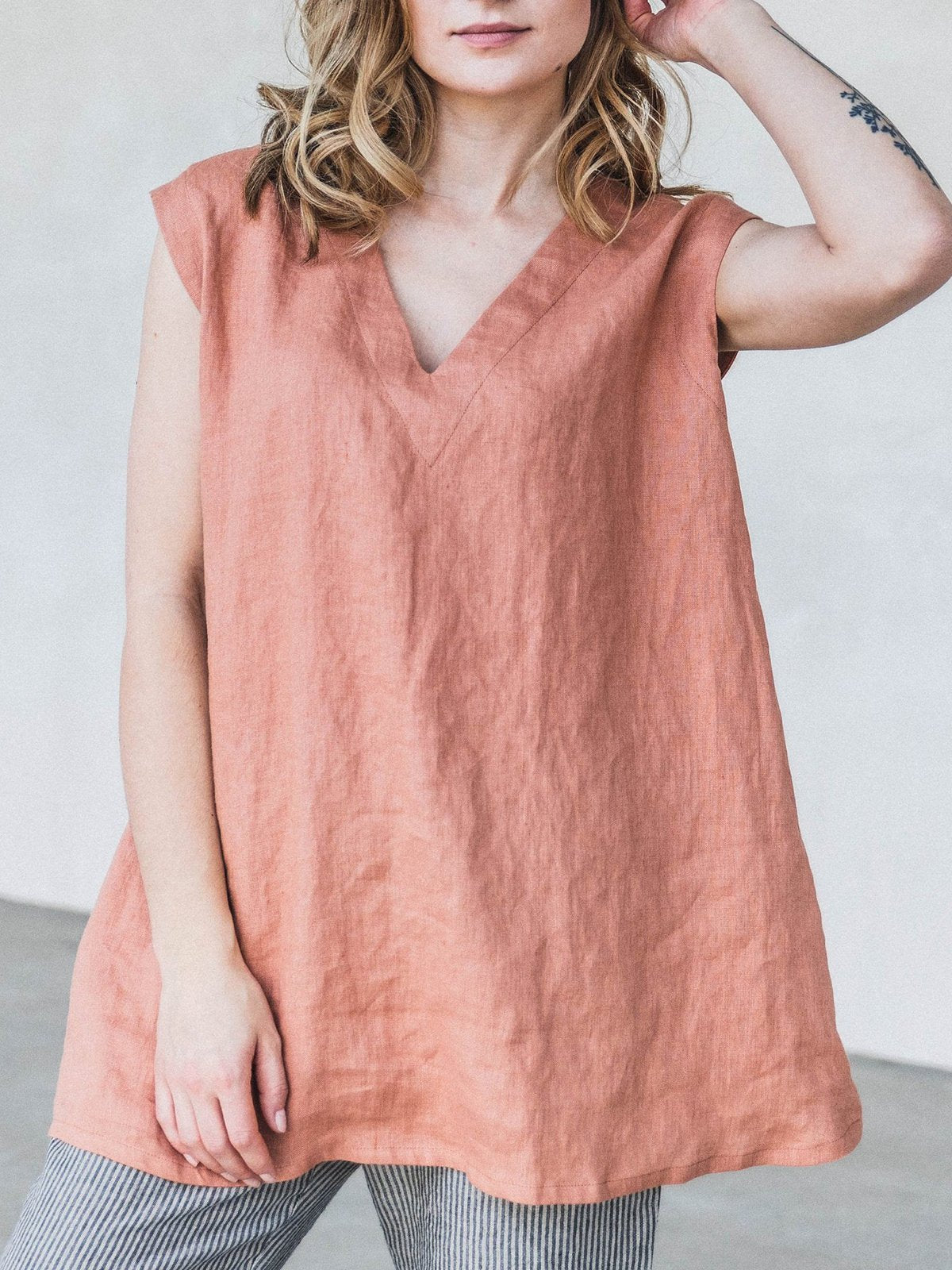 Plus Size Casual V Neck Solid Tops