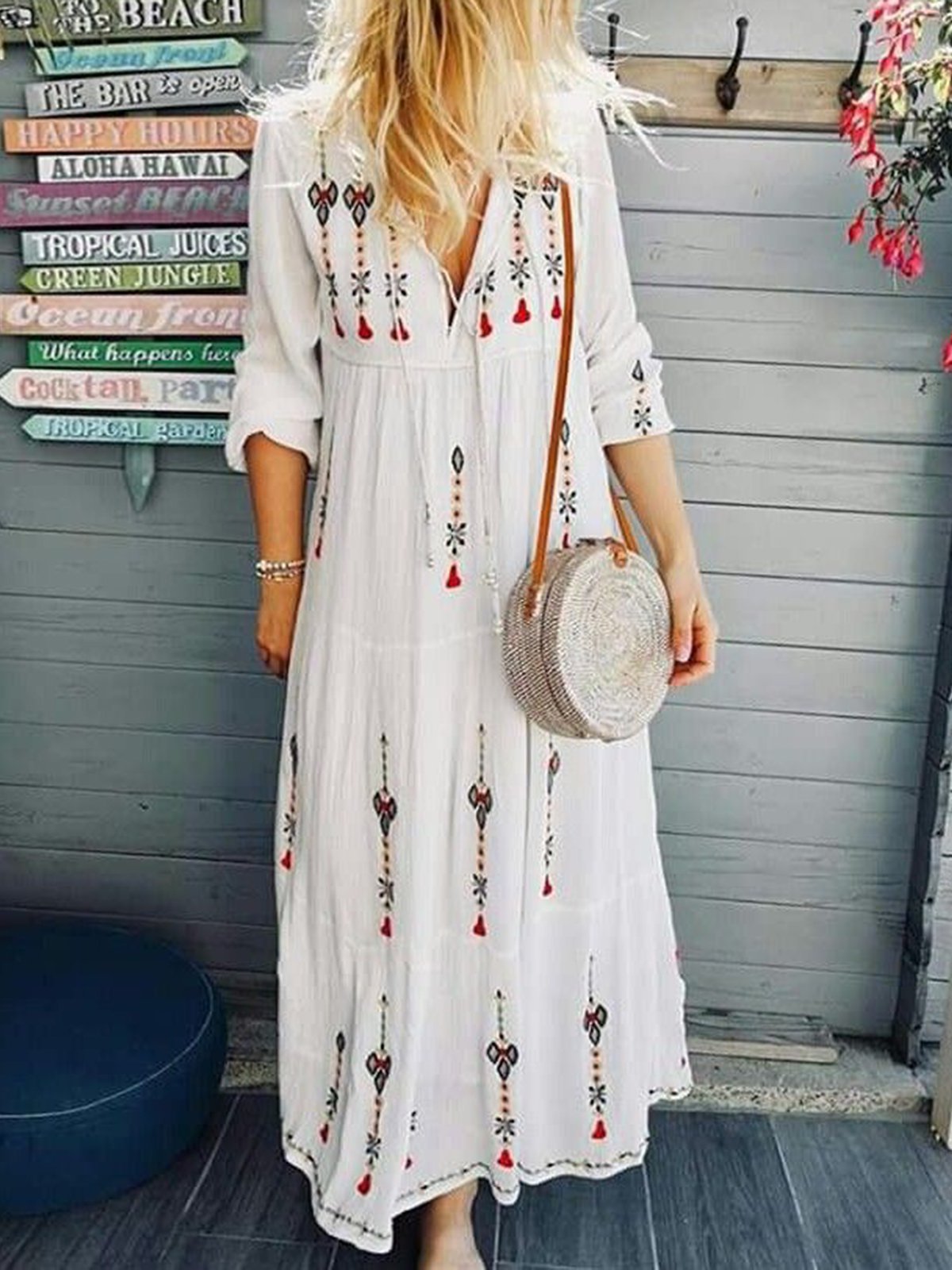 V Neck Women Dresses Cotton Embroidered Dresses