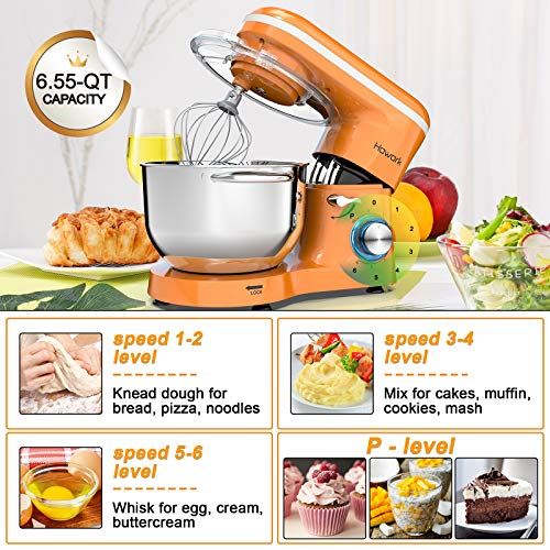 Food Mixer With 6.55 Quart Stainless Steel Bowl, 6-Speed Control Dough Mixer
