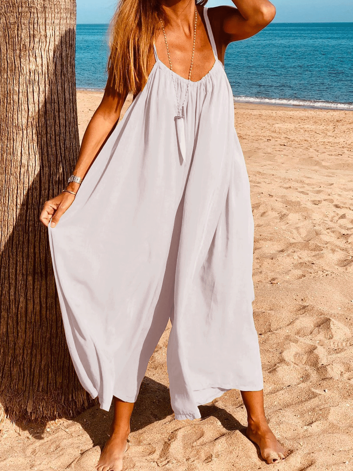Women Casual Jumpsuits Solid Spaghetti Wide Leg Pants Jumpsuits