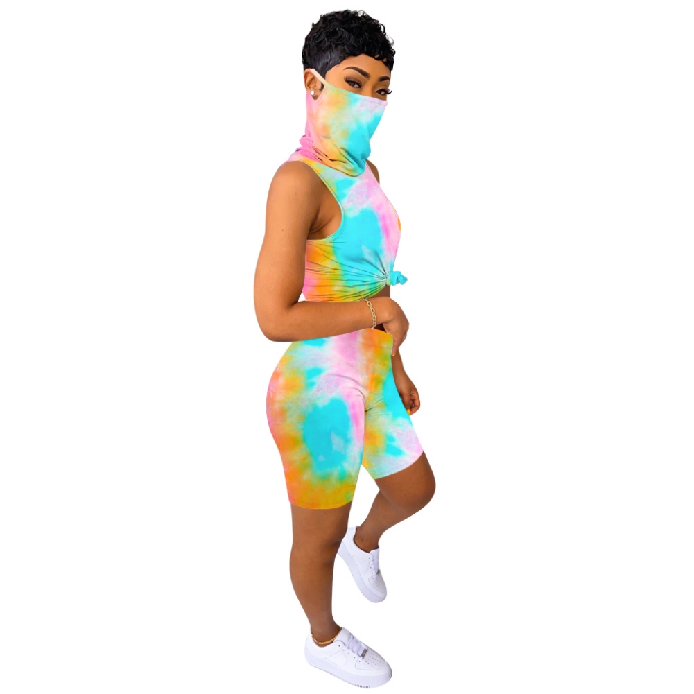 Summer Tie Dye Two Piece Short Set with Face Cover