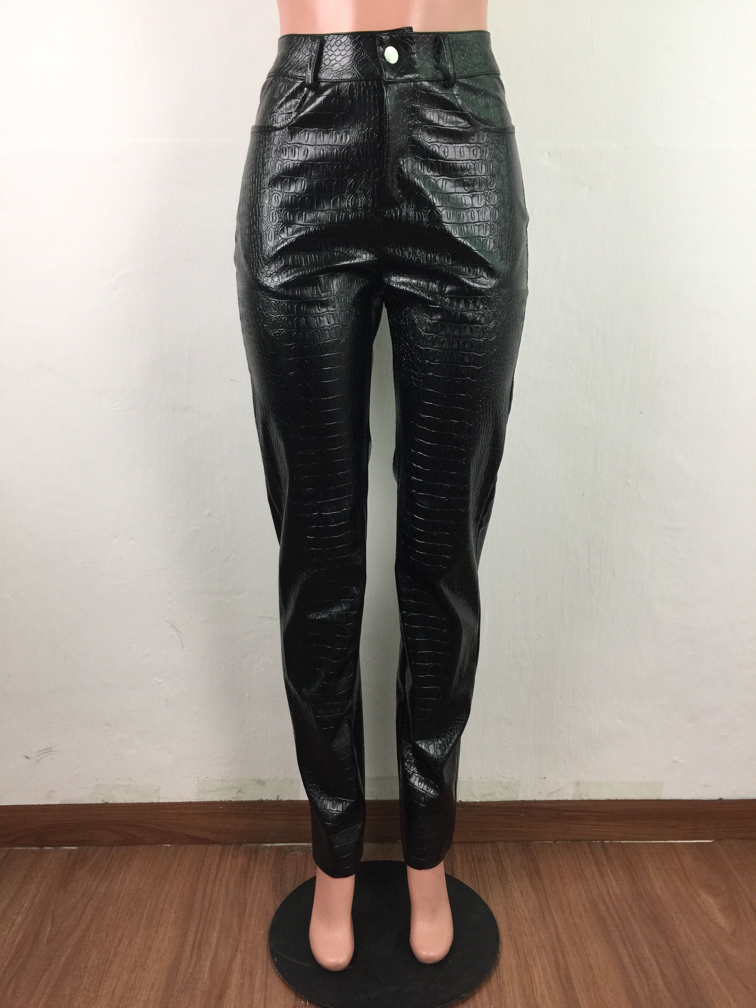 Winter Snake Skin Leather High Waist Pants