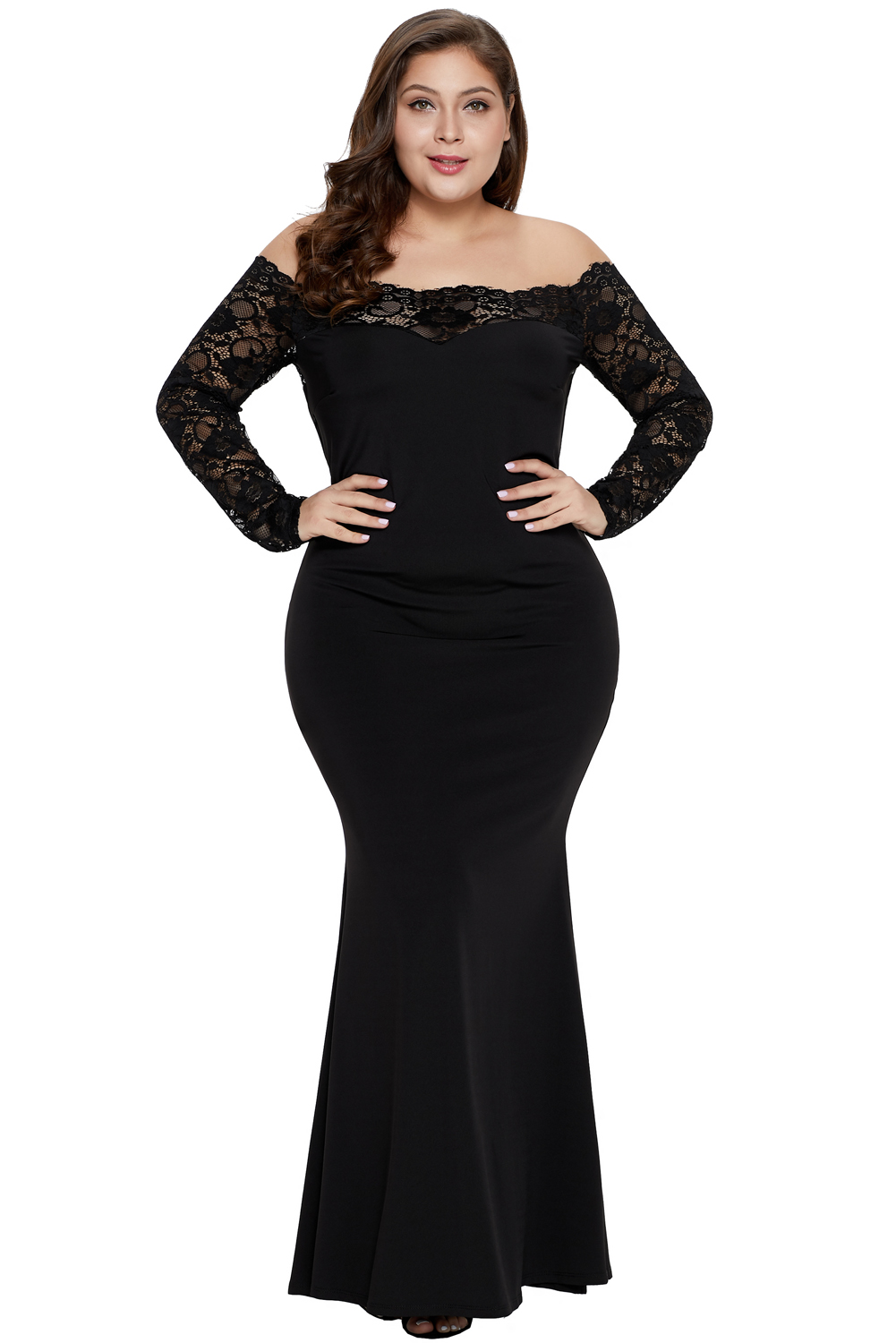 Black Lace Off-The-Shoulder Plus Size Maxi Dress