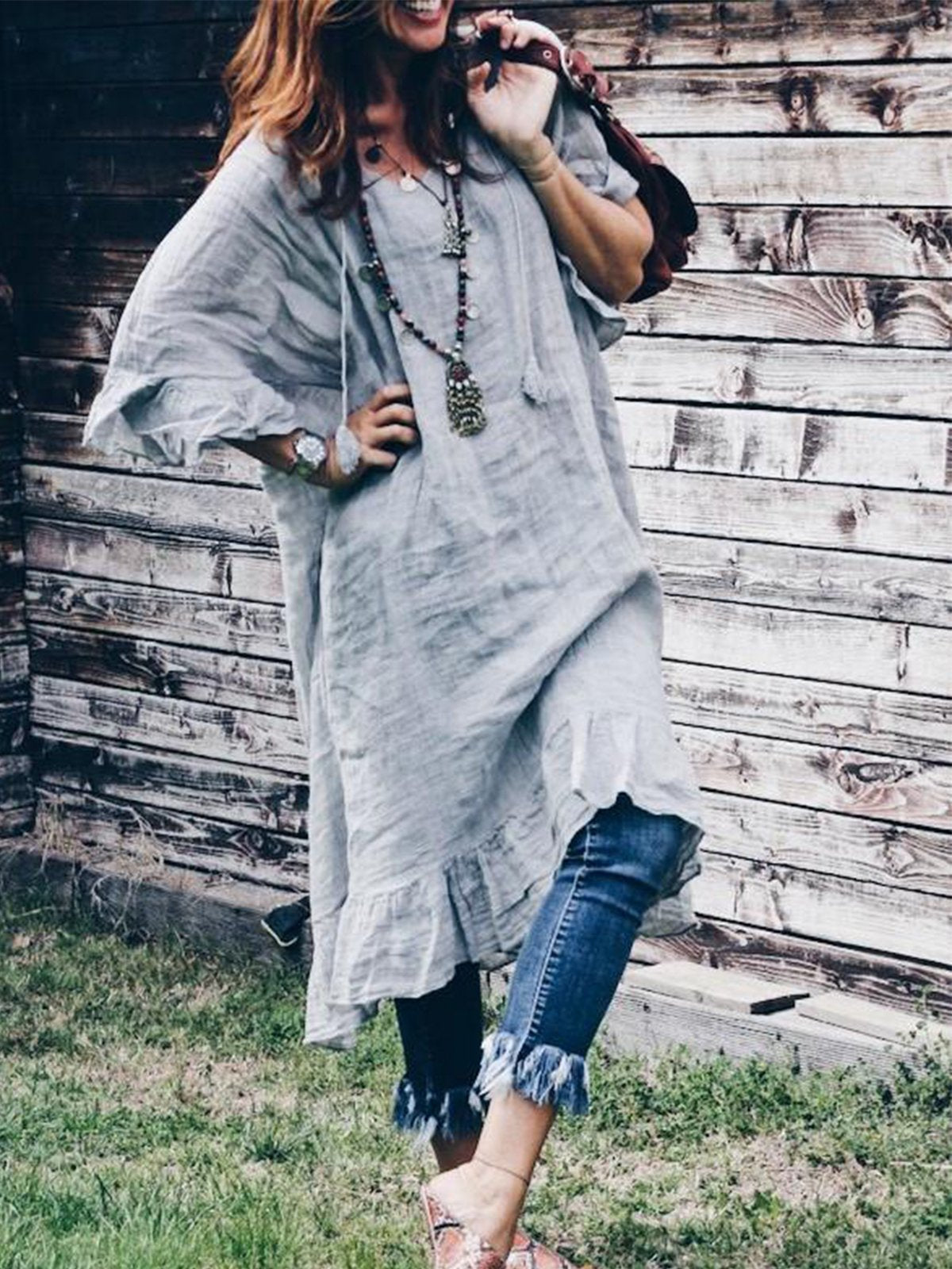 Solid Boho Long Sleeve V Neck Linen Maxi Dresses