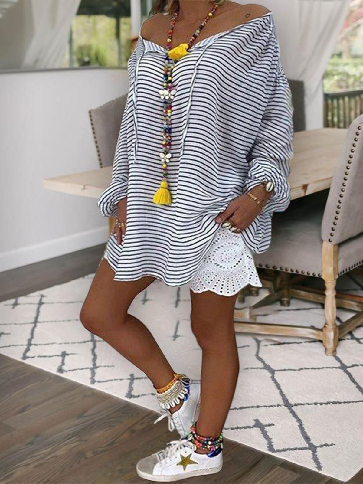 White Fringed Long Sleeve Shirts & Tops