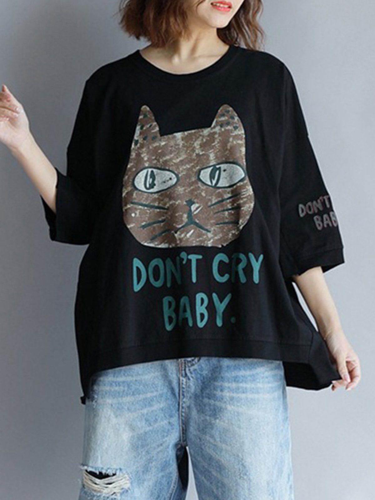 Casual 3/4 Sleeve Round Neck Plus Size Tops