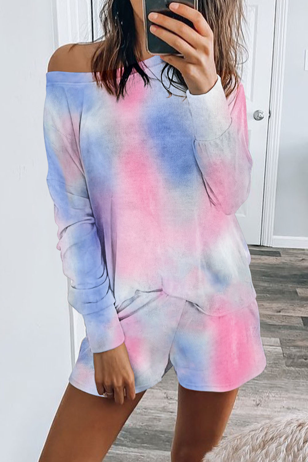 醒目扎染印花长袖上衣抽绳短裤休闲家居服