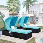 Merax Chaise Lounge Chair with Adjustable Canopy, Outdoor Reclining Chaise with Cushions & Flip-up Table, Patio PE Rattan Wicker Sun Lounger for Poolside (Blue Chaise (Set of 2))