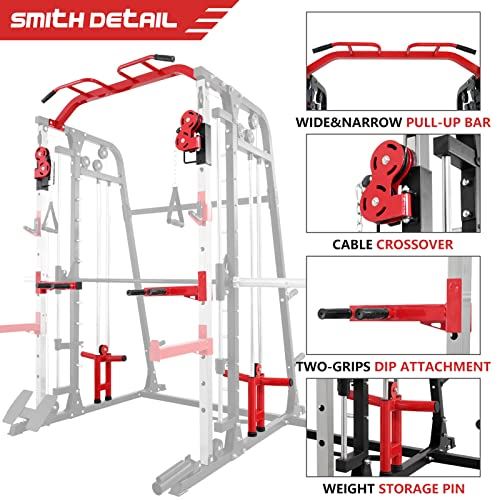 Mikolo Smith Machine, Multi-Functional Power Cage with LAT Pulldown System, Weight Cage Squat Rack with Weight Bar