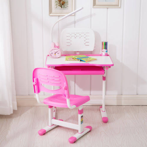 Pink Adjustable Children&s Study Desk Chair Set Child Kids Table with LED Lamp