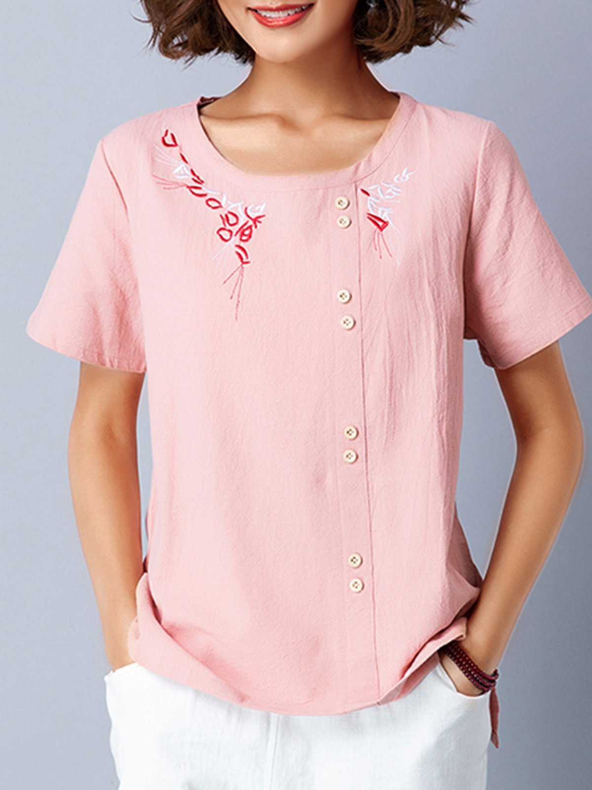 Plus Size Women Short Sleeve Round Neck Vintage Floral Casual Tops