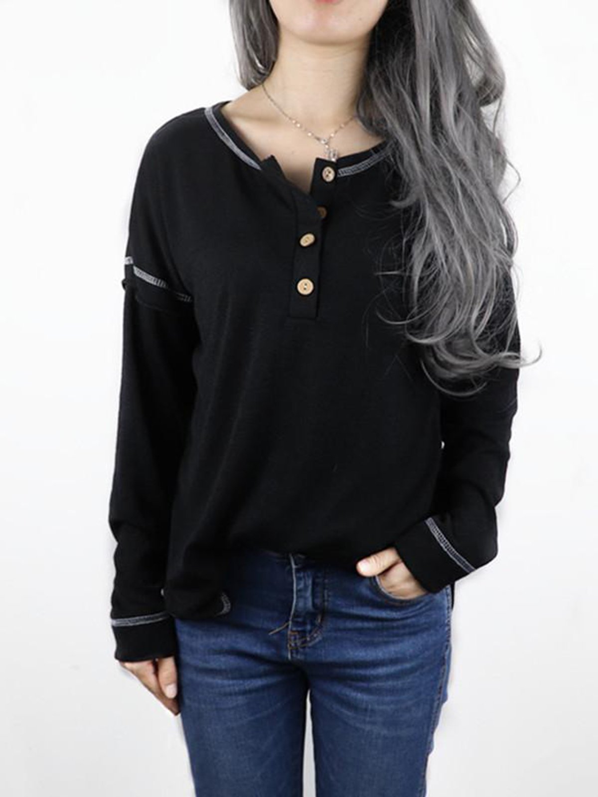 Fashion Round Neck With Button Plain Casual Blouse