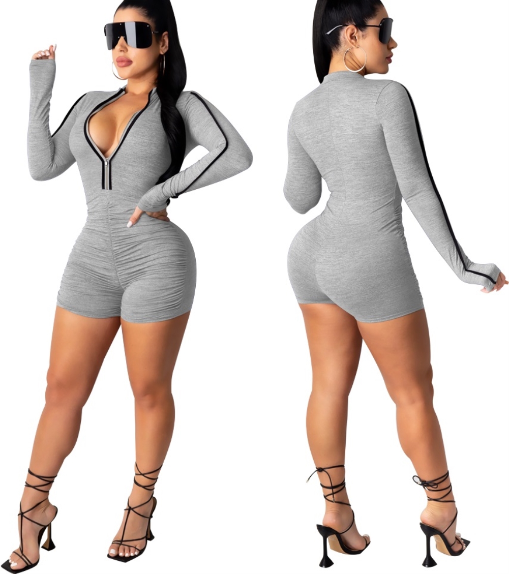 Autumn Long Sleeve Ruched Zipper Bodycon Rompers