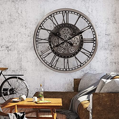 21��� Industrial Real Moving Gears Metal Wall Clock with Roman Numerals