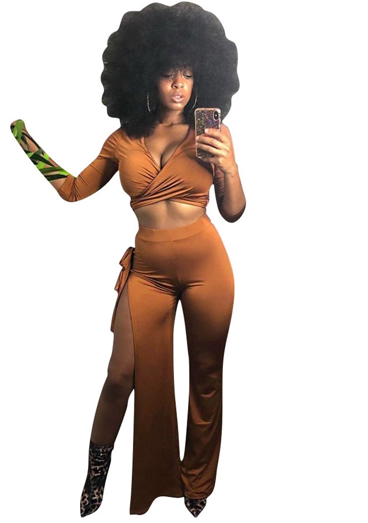Solid Color Sexy Wrapped Crop Top and Slit Pants