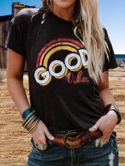 Vintage Short Sleeve Rainbow Letter Printed Plus Size Casual Tops