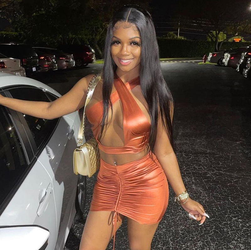 Cross Halter Hollow Open Back Navel Pleated Short Skirt Set R21ST188