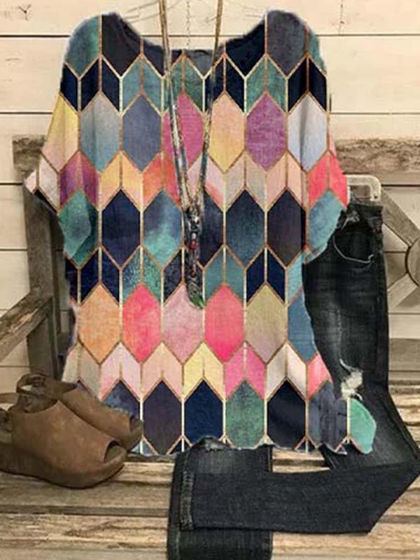 Printed Short Sleeve Cotton-Blend Casual Shirts & Tops