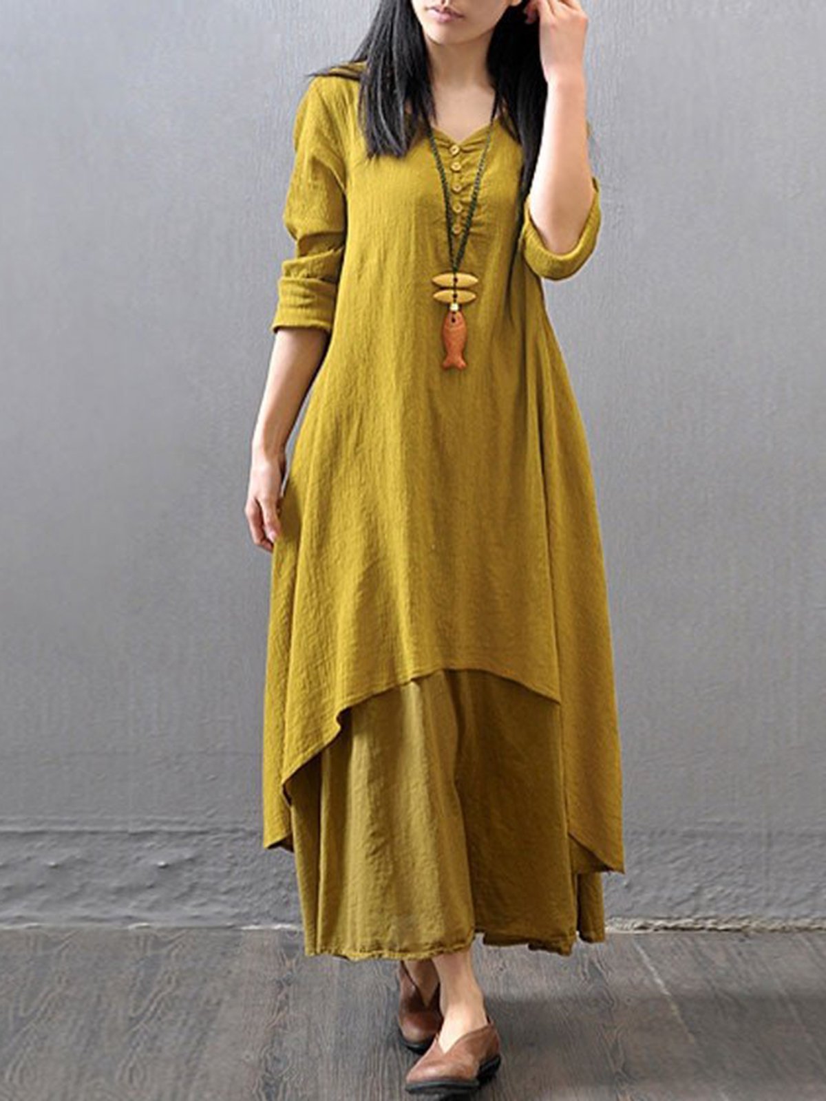 Plus Size Crew Neck Women Dress Asymmetrical Daytime Solid Linen Maxi Dress