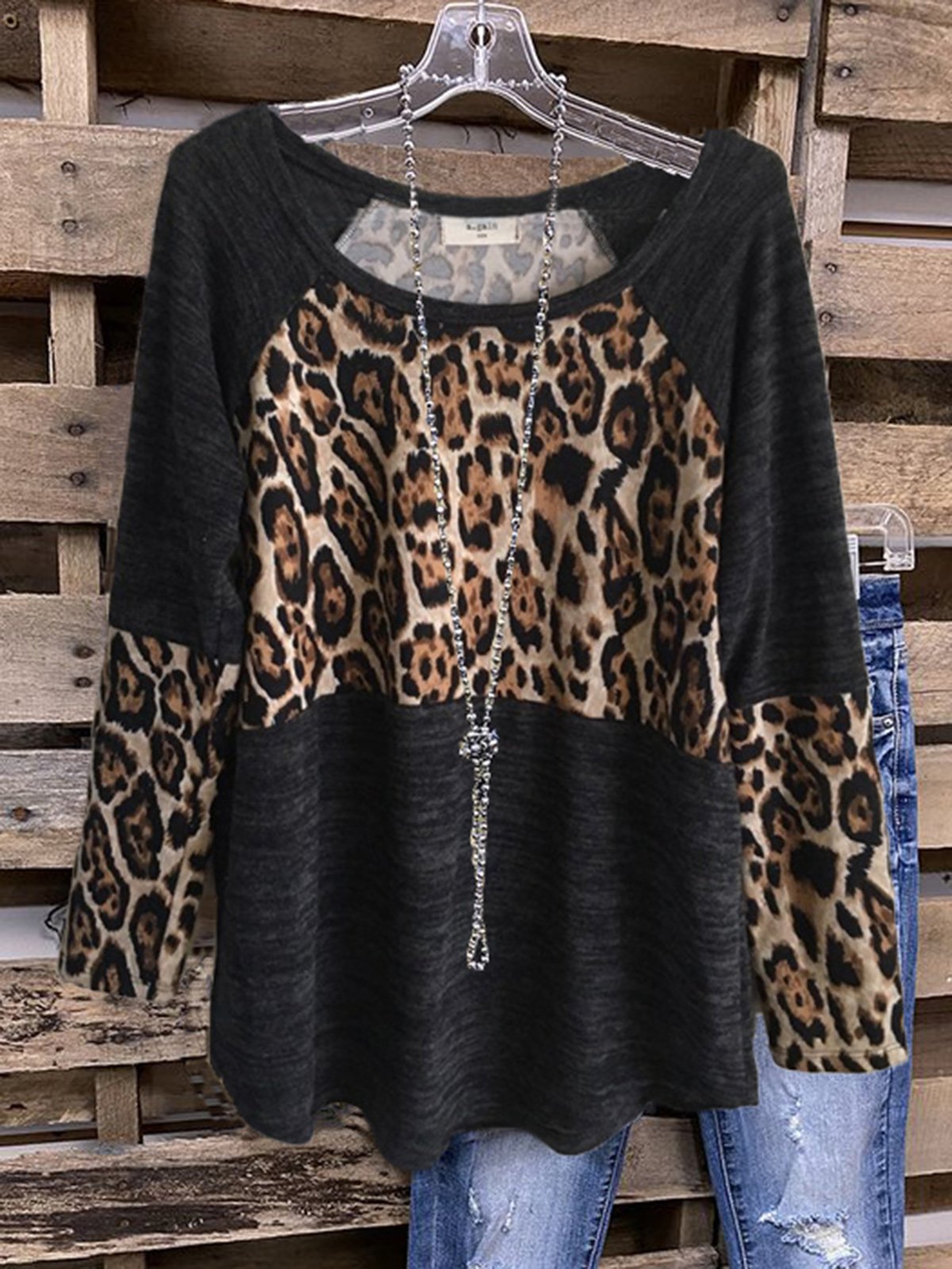 Black Cotton-Blend Casual Crew Neck Leopard Shirts & Tops