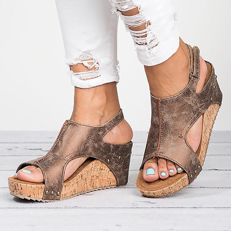 Plus Size Peep Toe PU Wedges Blocking Hook-Loop Wedge Sandals