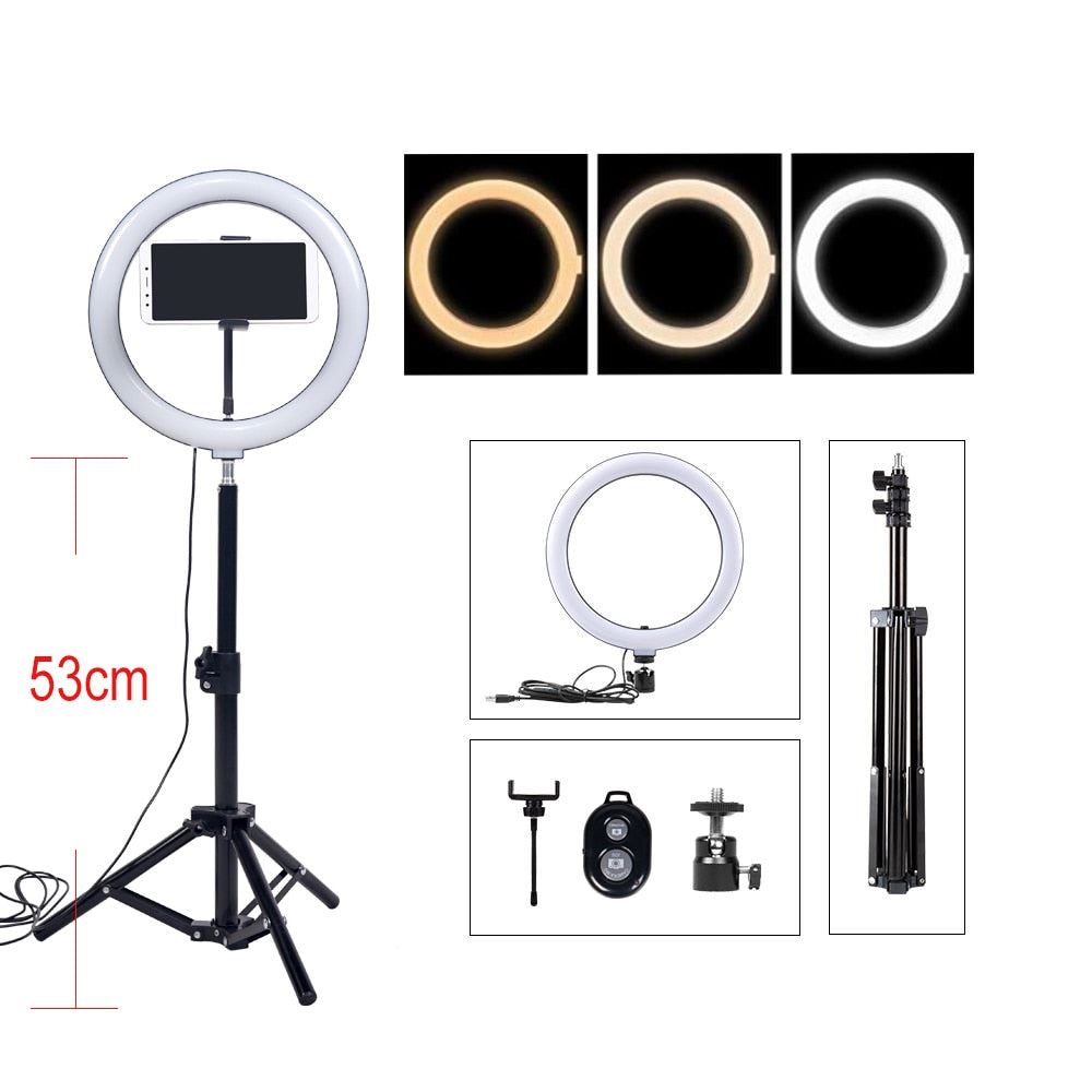 Ring Light With Tripod Photography Round Ring Lamp Phone Holder Dimmable Ringlight