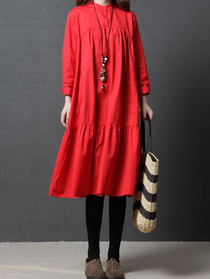 Women Long Sleeve Casual Cotton Solid Dress