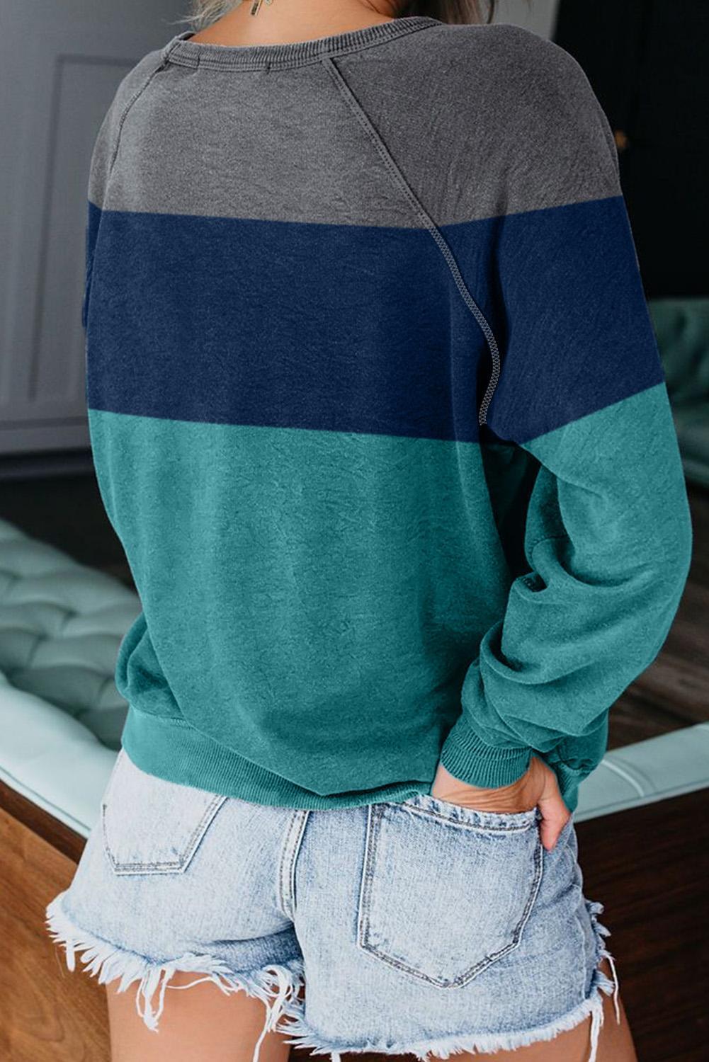 Green Raglan Sleeve Color Block Pullover Sweatshirt