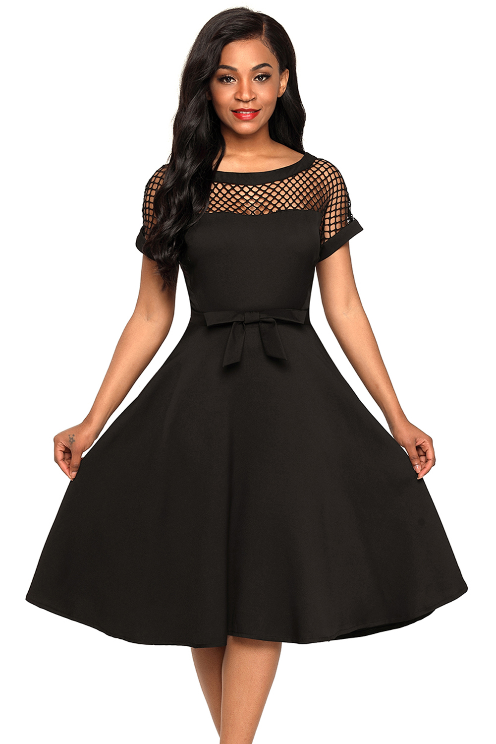 Fishnet Insert Black Bowknot Embellished Dress Shopyyfashion gxgfashion