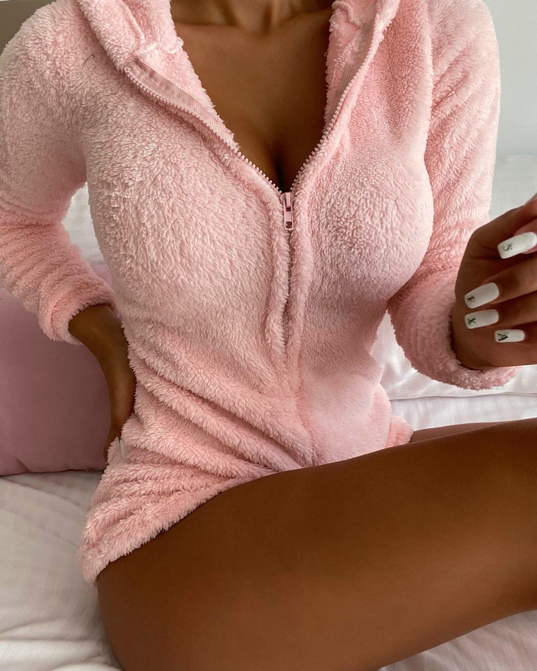 Winter Pink Fleece Zipper Onesie Rompers Pajama