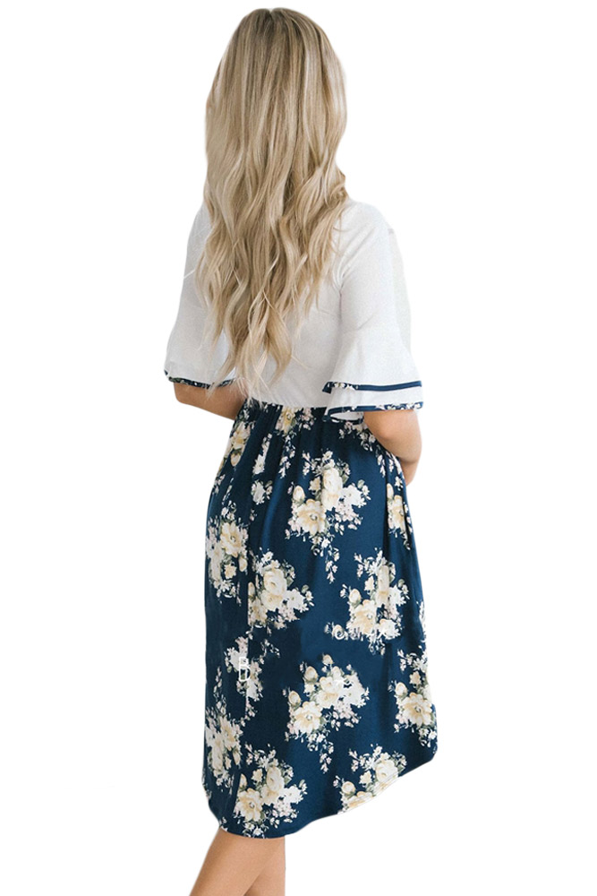White Top Flora Skirt Layered Bell Sleeve Dress