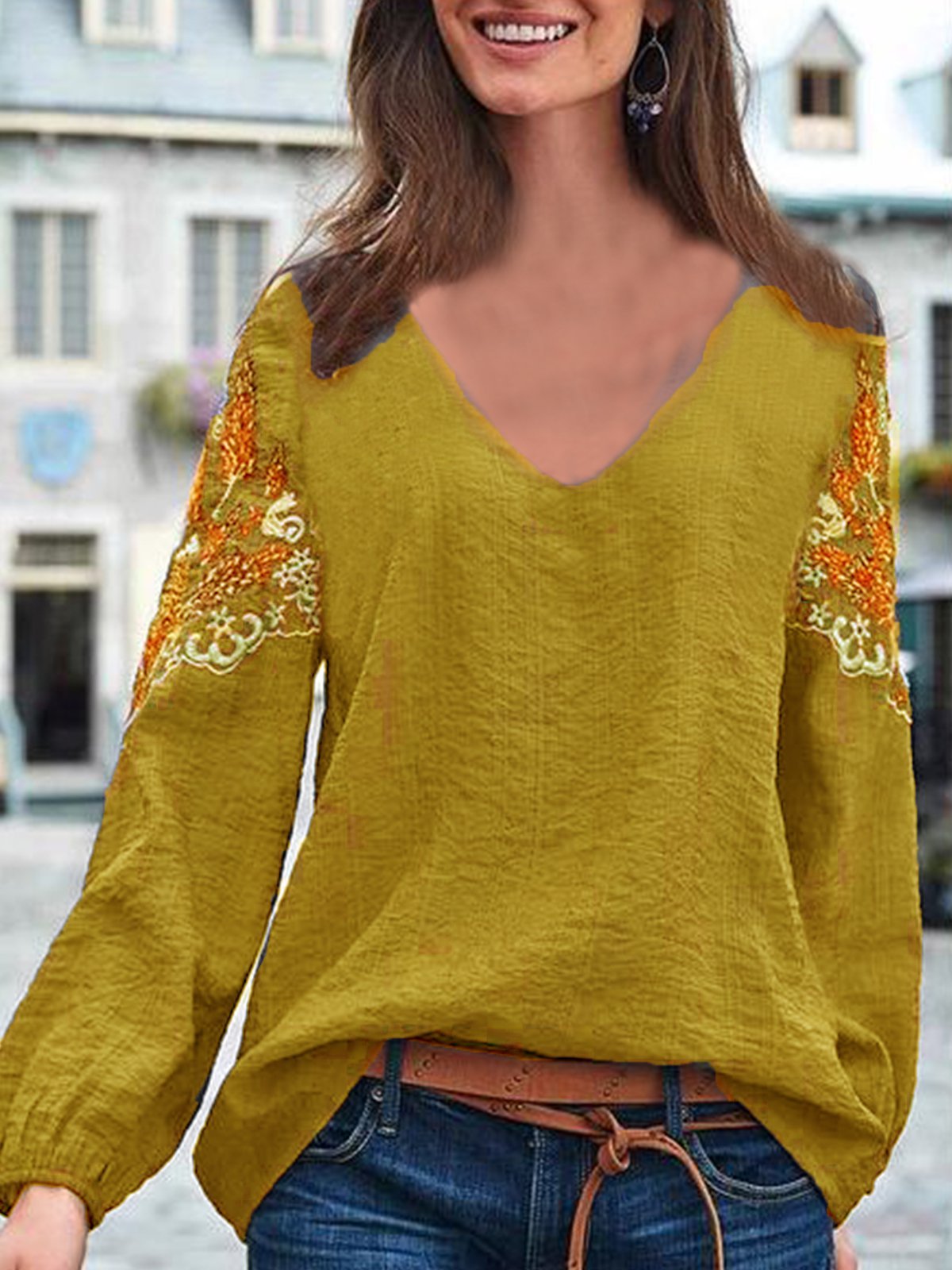 V Neck Printed Cotton-Blend Elegant Shirts & Tops