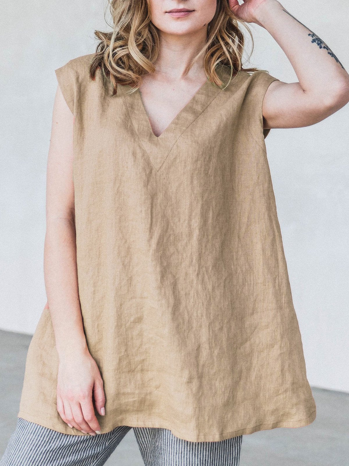 Plus Size Casual V Neck Solid Tops