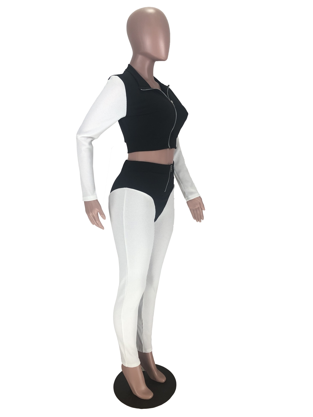 Autumn Contrast Zipper Crop Top and Matching Pants Set