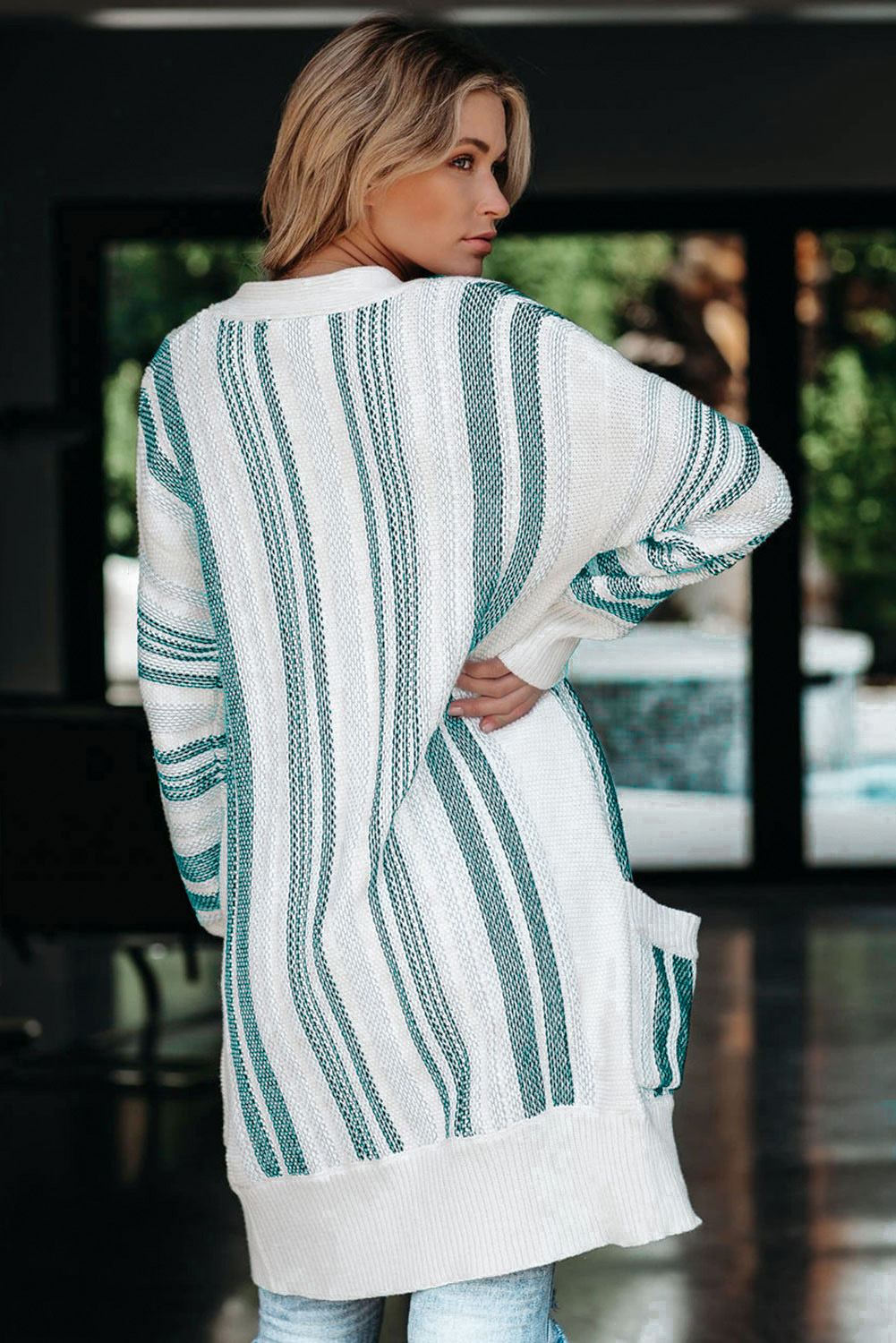 绿色长袖口袋舒适宽松优雅女士开襟衫