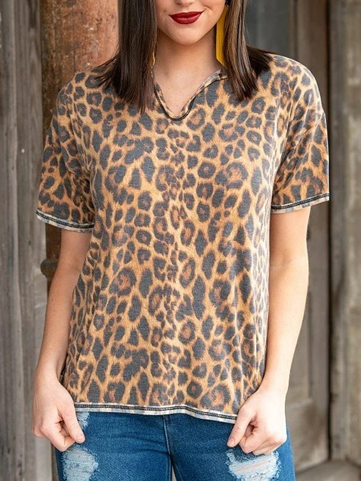 Printed Shift Leopard Short Sleeve Shirts & Tops