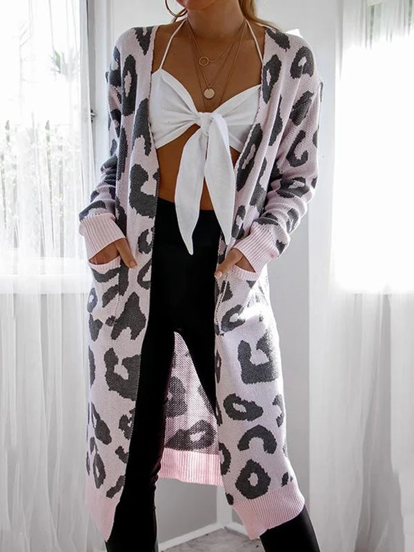 Women's Fashion Long Sleeve Printed Color Midi Knit Cardigan