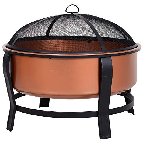 Outsunny 30 Inch Outdoor Fire Pits, Copper-Colored Round Basin Camping Fire Pit, Wood Burning Firepit Bowl with Ornate Black Base, Log Grate, Wood Poker, & Mesh Screen for Embers