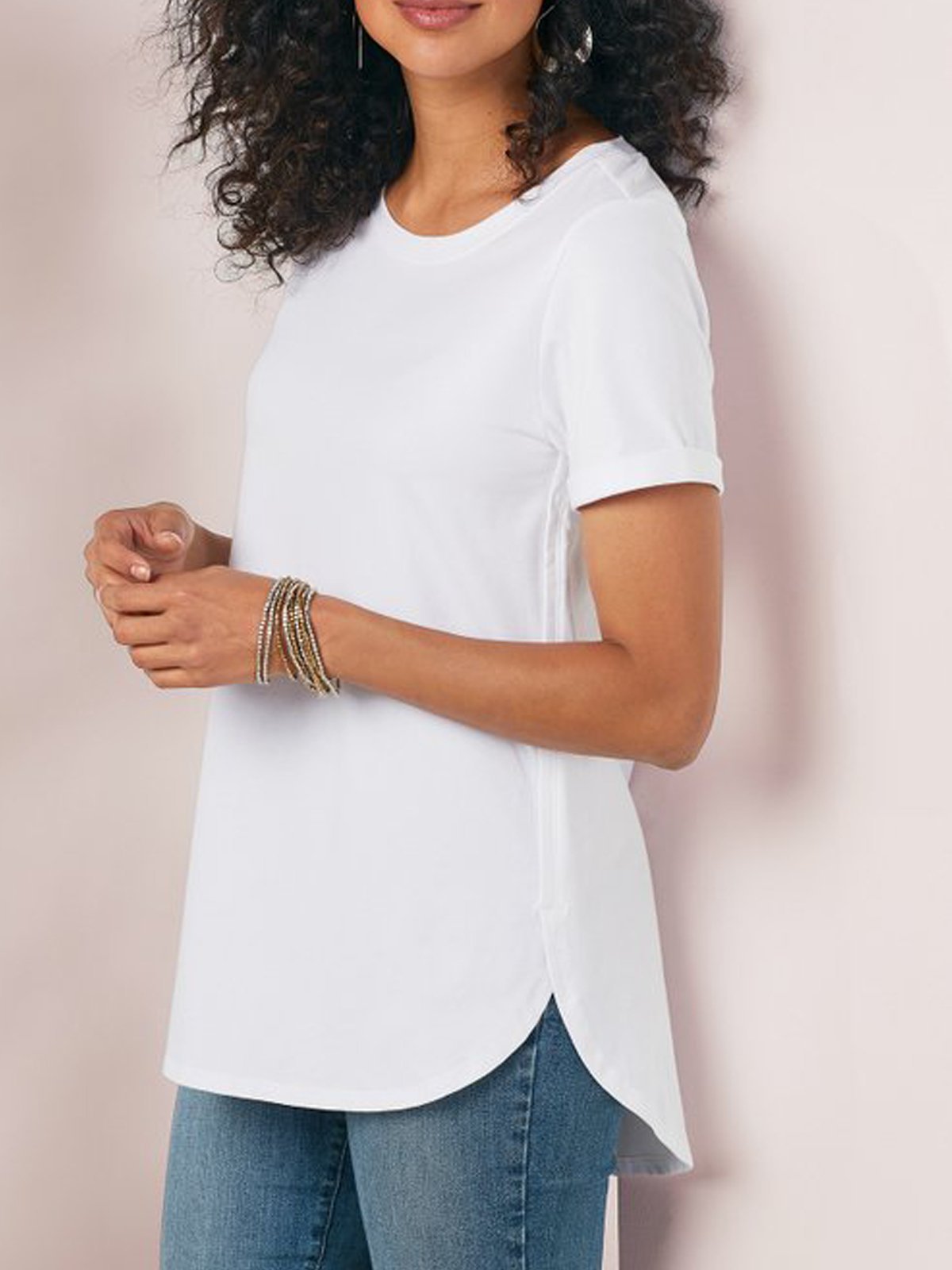 Casual Cotton Crew Neck Plain Shirts & Tops