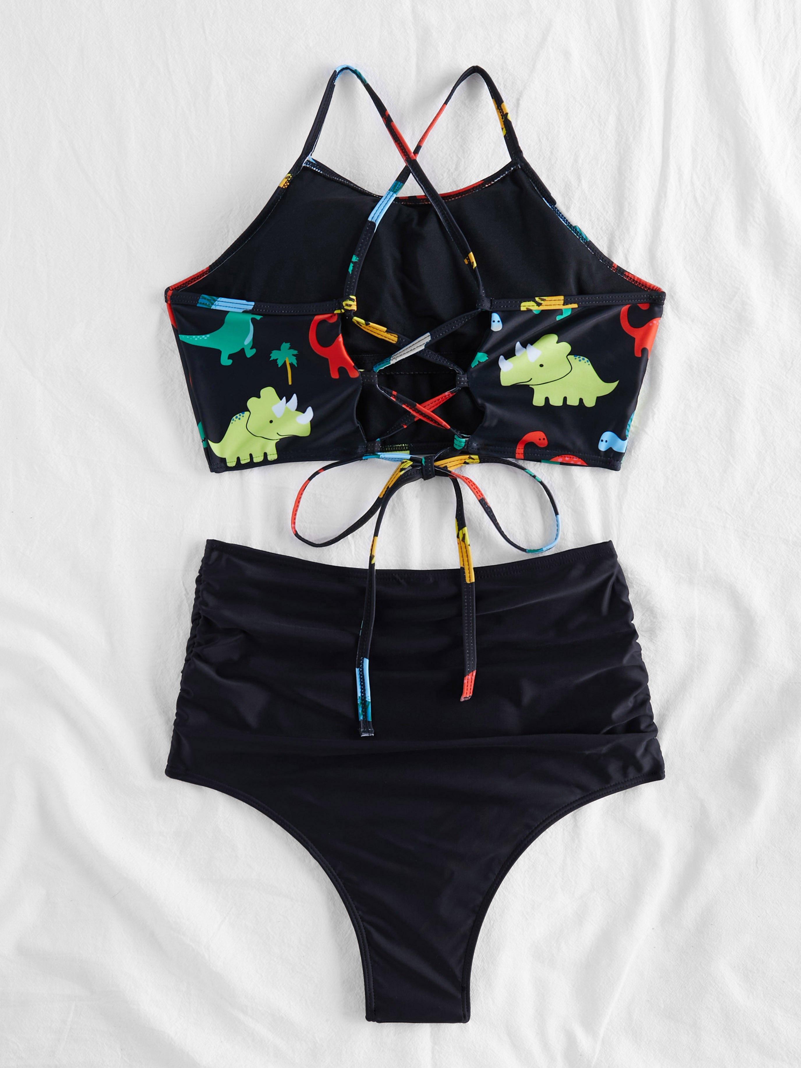 Cartoon Dinosaur Print Back Lace Up Bikini