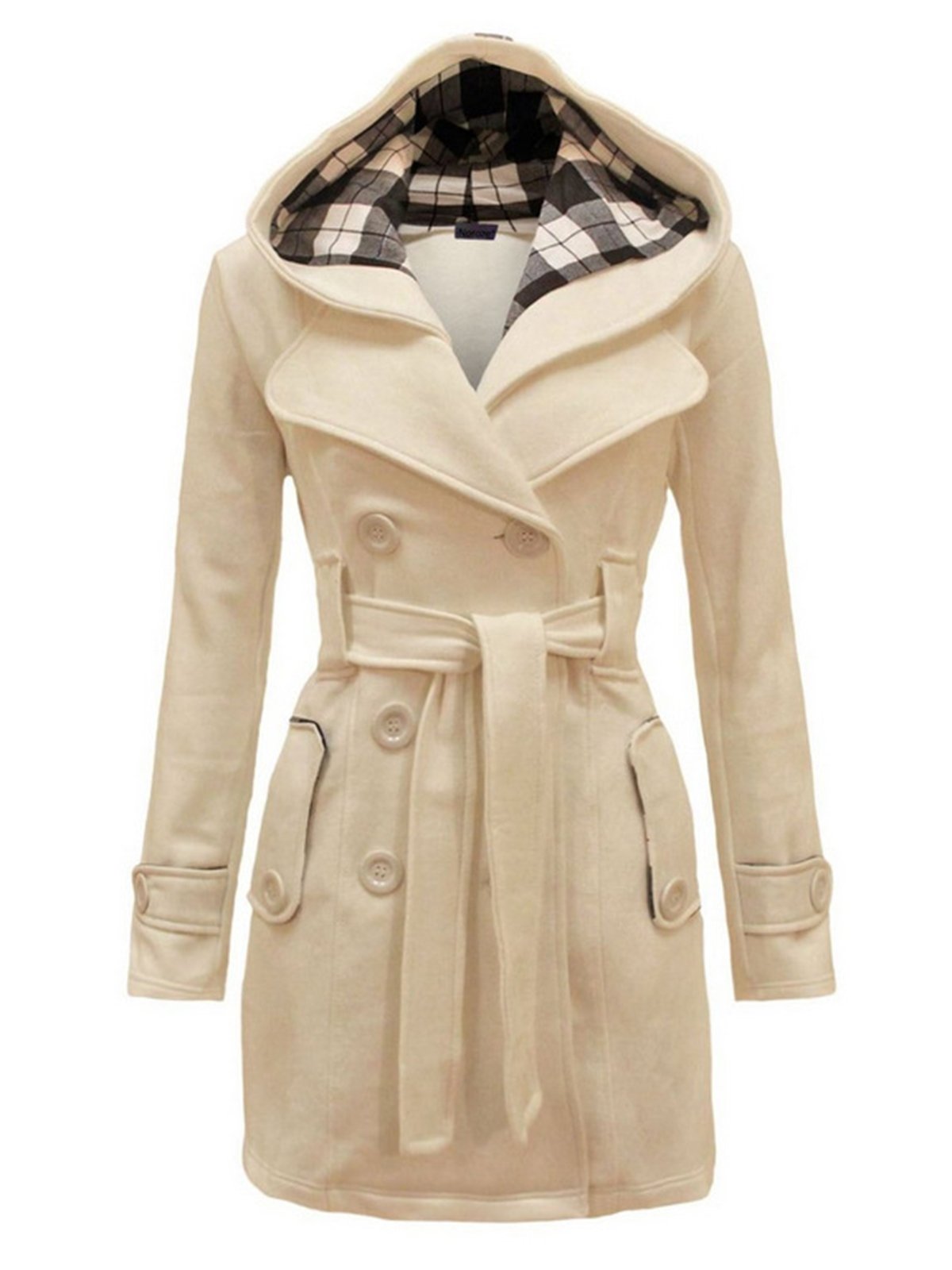 Women Double Breasted Slim Hoodie Solid Casual Long Pea Coat with Belt