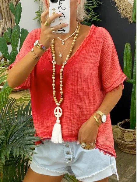 Red Casual Short Sleeve Shirts & Tops