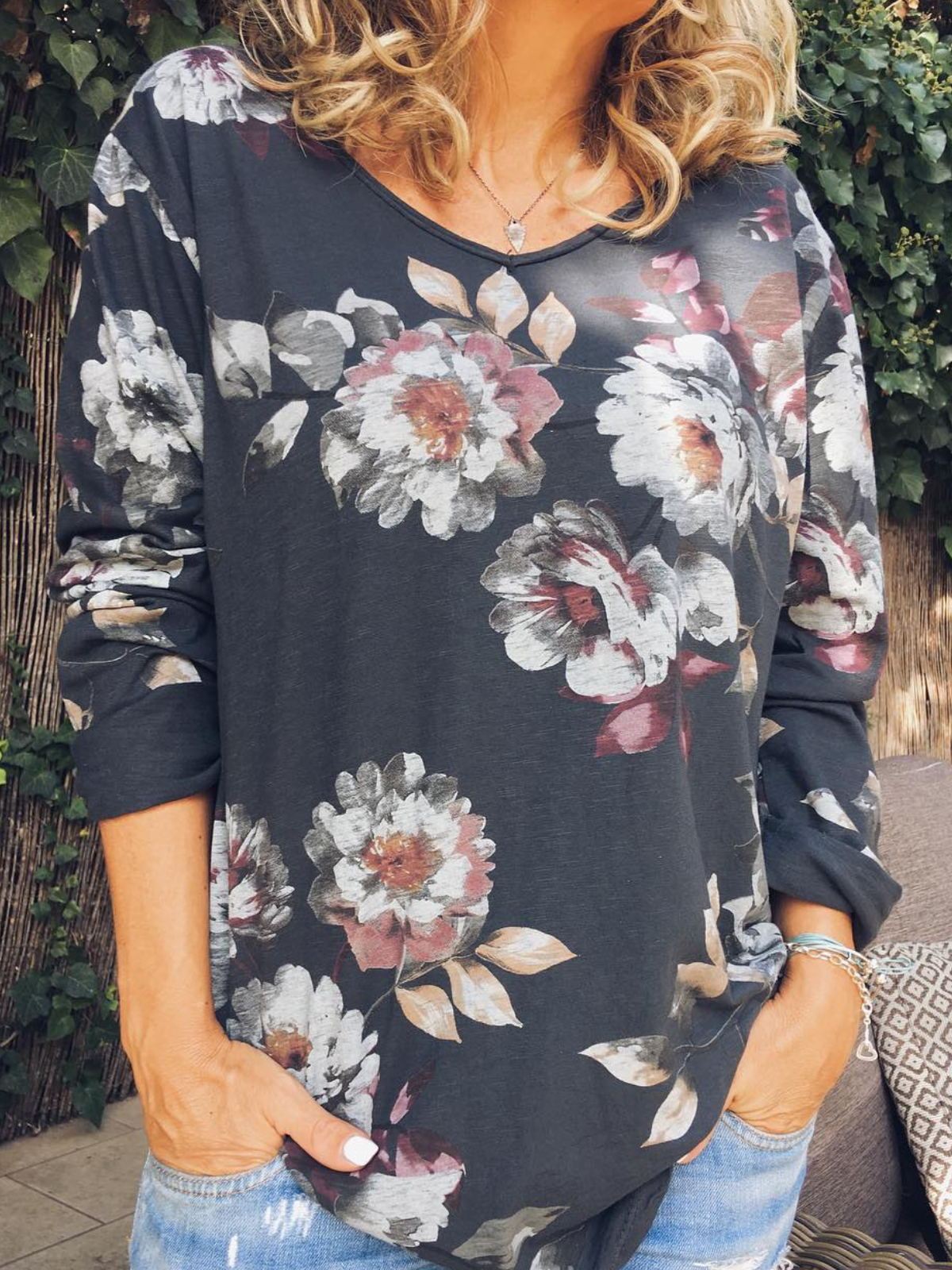 Casual V Neck Long Sleeve Tops