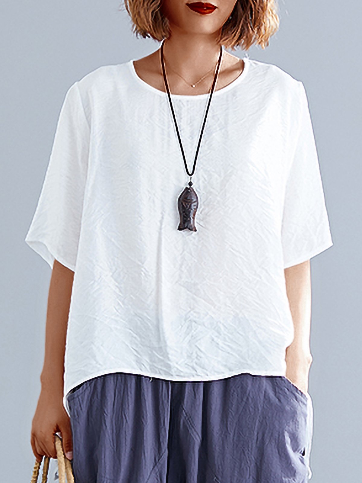 Plus Size Women Short Sleeve Round Neck Solid Loose Casual Tops