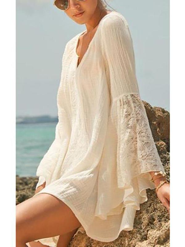 Bohemia Loose Plain V Collar Speaker Sleeve Beach Dress Vacation