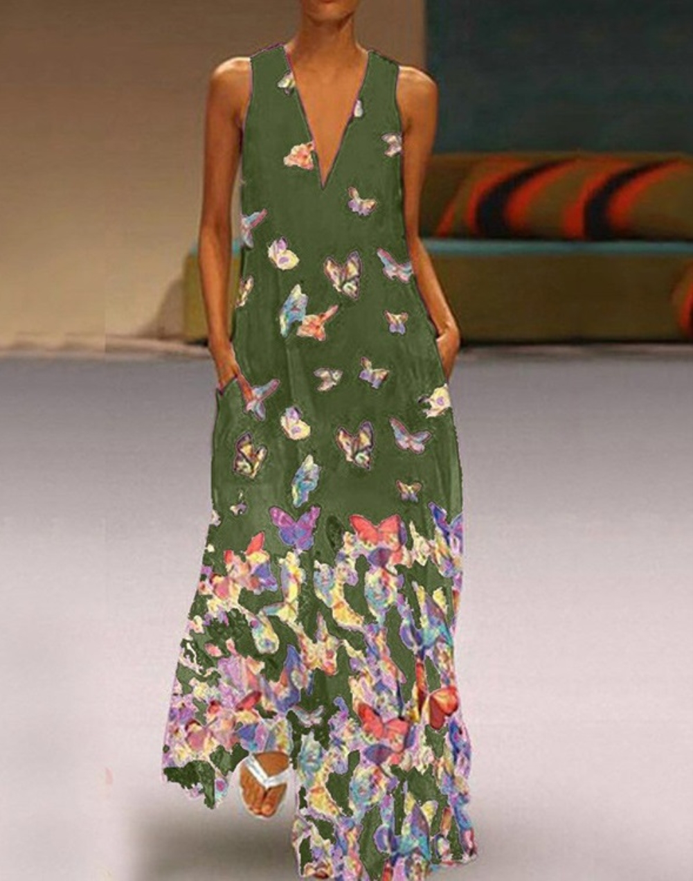 Butterfly Print Sleeveless Long Boho Dress