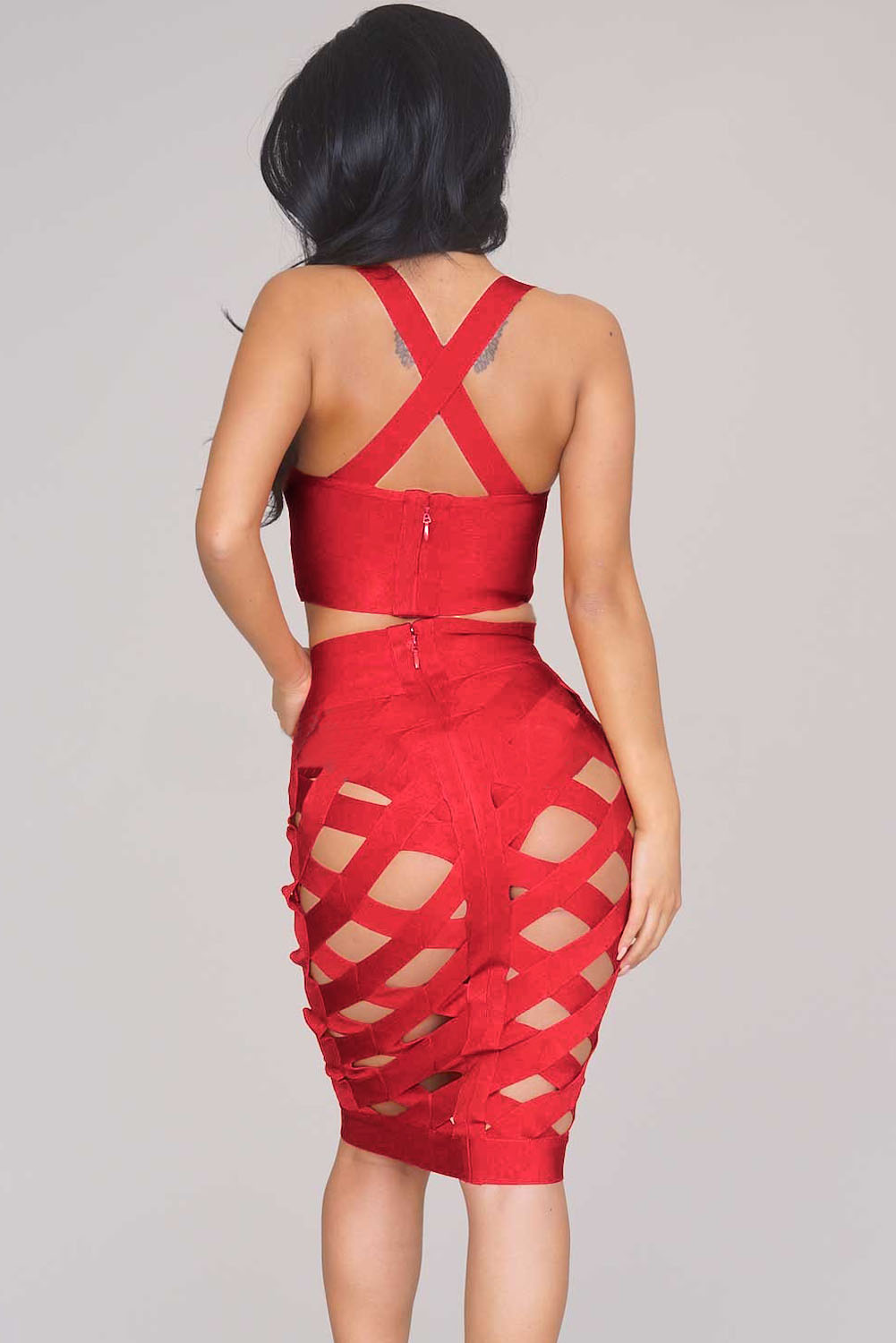 Sexy Red Open Caged Bandage Skirt Set