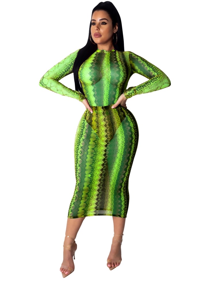 Sexy See Through Print Midi Dress with Sleeves