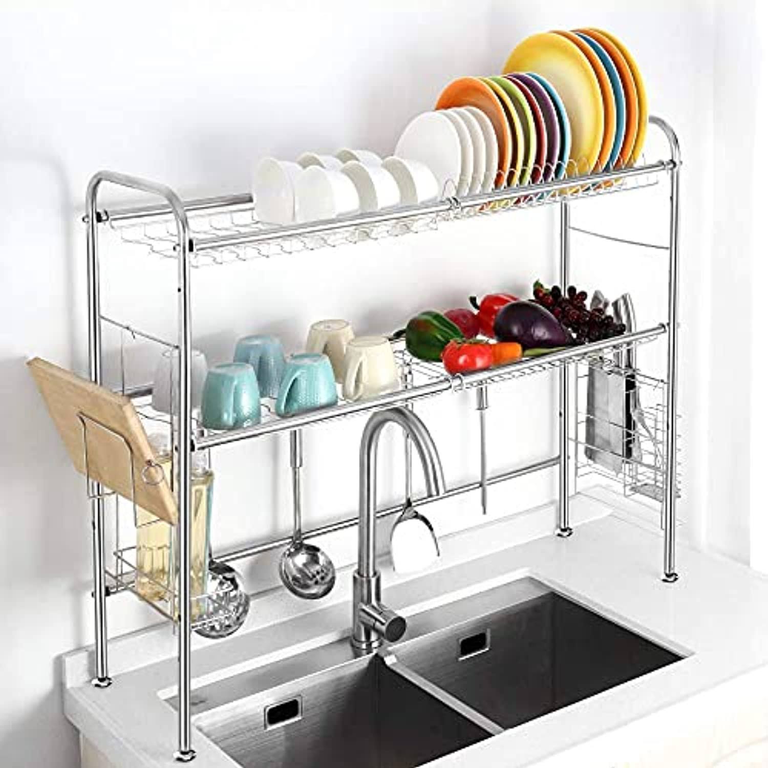 Over Sink Dish Drying Rack,ABQ 304 Stainless Steel Rust-Proof 2 Tier Dish Racks Length Width Adjustable Large Dish Rack Drainer
