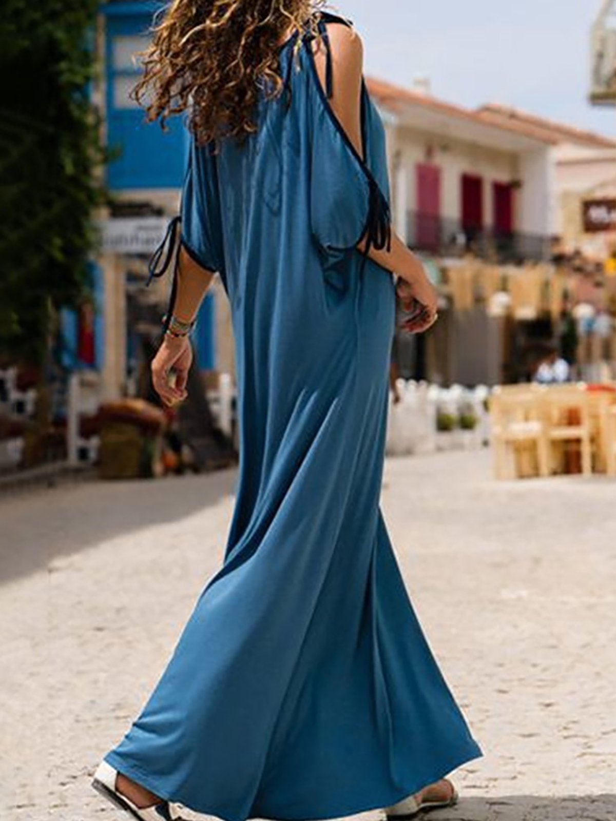 Blue Cold Shoulder Nylon Maxi Dress